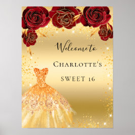 Söt 16 röda guld glitter-blommigt välkomnas poster
