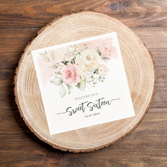 Söt 16 Rosa Blommig Födelsedagsfest Papper Pappersservett (Pink Floral Sweet 16 Birthday Paper Napkin)