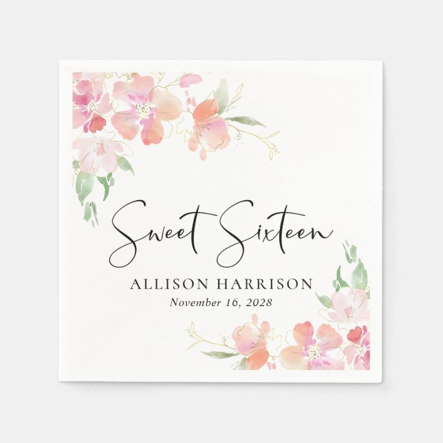 Söt 16 Rosa Blommigt Födelsedagsfest Pappersservett (Framsidan)