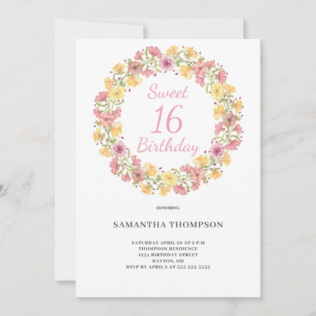 Söt 16 Rosa Blommigt Vattenfärg Birthday Inbjudningar (Framsida)