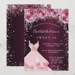 Söt 16 rosa burgundy glitter-blommigt inbjudningar