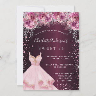 Söt 16 rosa burgundy glitter-blommigt inbjudningar
