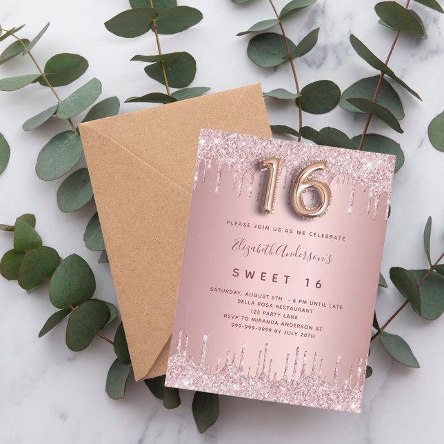 Söt 16 rosa damm ro glitter 16-årsdag inbjudan vykort (Skapare uppladdad)