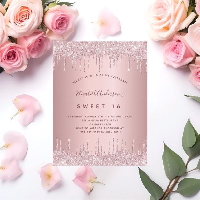 Söt 16 rosa damm ro glitter 16-årsdag inbjudan vykort (Skapare uppladdad)