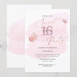 Söt 16 Rosa Diamond Butterflies Watercolor Inbjudningar