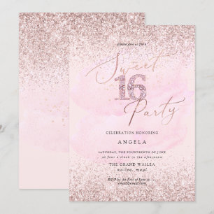 Söt 16 Rosa Diamond Glitter Vattenfärg Inbjudningar