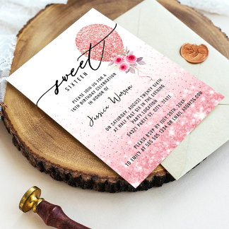 Söt 16 Rosa Glitter-födelsedagsinbjudan Inbjudningar