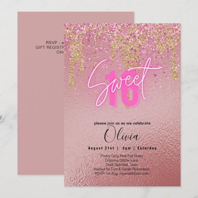 Söt 16 Rosa Glitter Foil Girly Modern Fl Inbjudningar (Fram/baksida)