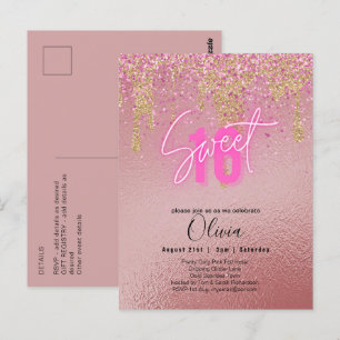 Söt 16 Rosa Glitter Foil Girly Modern Fl Invita Vykort