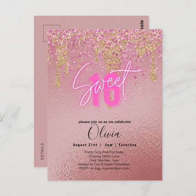 Söt 16 Rosa Glitter Foil Girly Modern Fl Invita Vykort (Fram/baksida)