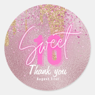 Söt 16 Rosa Glitter Foil Girly Modern Ro Guld Runt Klistermärke