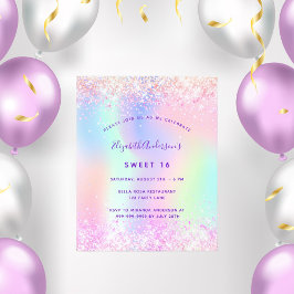 Söt 16 rosa lila glitter budgetinbjudan flygblad