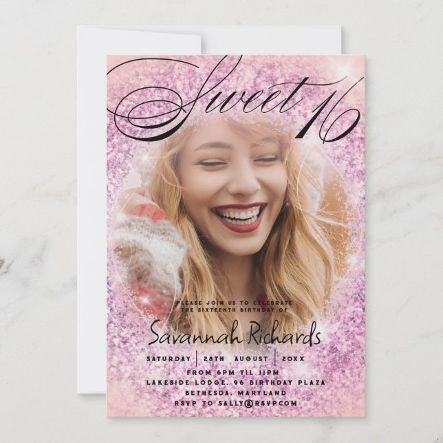 Söt 16 Rosa & Lila Glitter Photo Party Inbjudningar (Framsida)