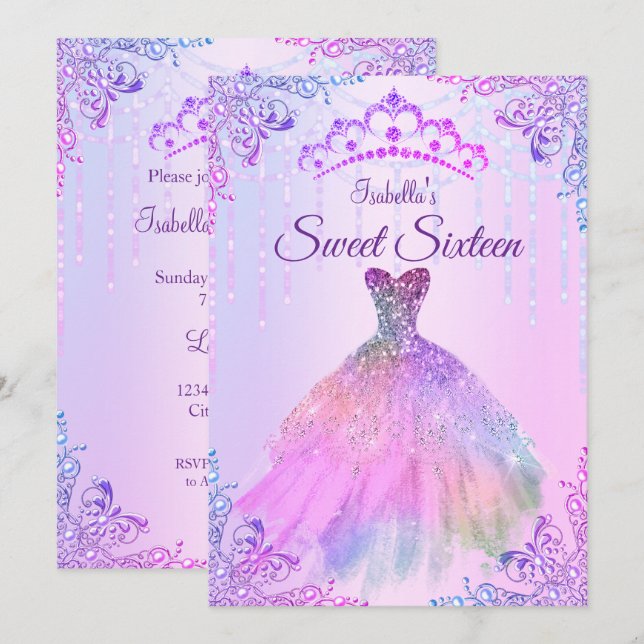 Söt 16 Rosa Lila Lilac Silver Pearl Gown Inbjudningar (Fram/baksida)