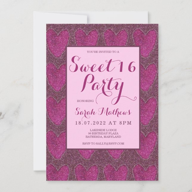 Söt 16  Rosa och Magenta glitter Inbjudningar (Framsida)
