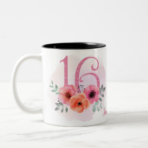 Söt 16 Rosa på födelsedagen Vattenfärgad Blomm Två-Tonad Mugg