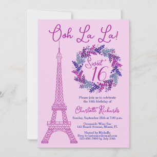 Söt 16 Rosa Paris Eiffel Torn Födelsedagsfest Inbjudningar