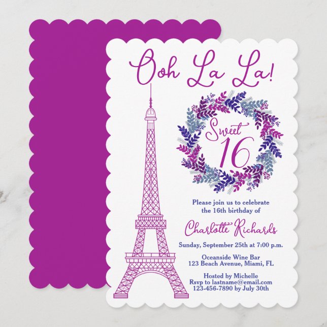 Söt 16 Rosa Paris Eiffel Torn Födelsedagsfest Inbjudningar (Fram/baksida)