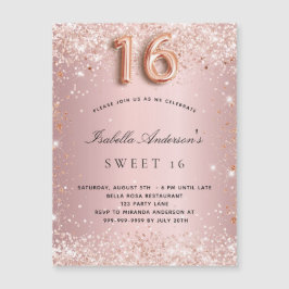 Söt 16  rosa ros-glitter-magnetinbjudan