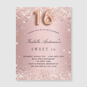 Söt 16 rosa ros-glitter-magnetinbjudan