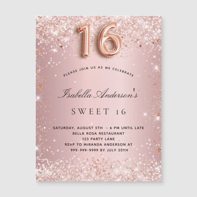 Söt 16  rosa ros-glitter-magnetinbjudan (Framsida)