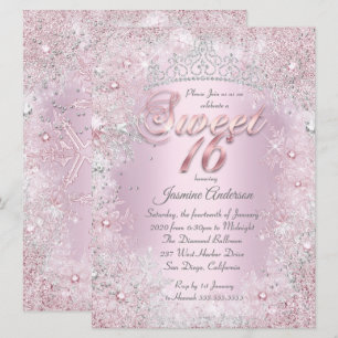 Söt 16 Rosa Silver Vinter Värld Tiara Inbjudningar