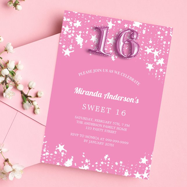 Söt 16 rosa, vit stjärna, flicka inbjudningar (Skapare uppladdad)