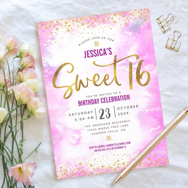 Söt 16 Rosa Watercolor Guld Girly Glam Birthday Inbjudningar (Skapare uppladdad)