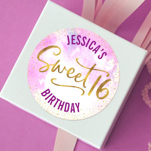 Söt 16 Rosa Watercolor Guld Glam Birthday Runt Klistermärke