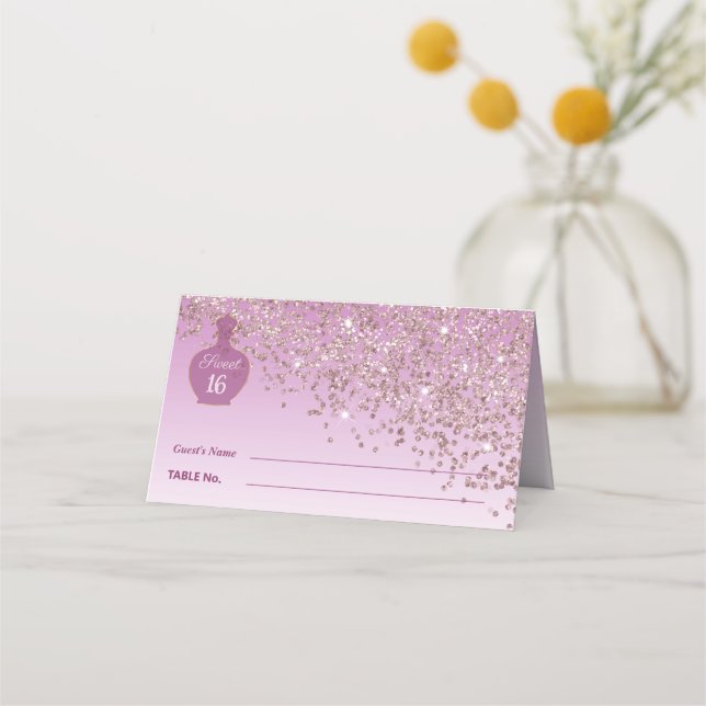 Söt 16 Rosé Doft Rosa Guld Glitter Boutique Placeringskort (Framsida)