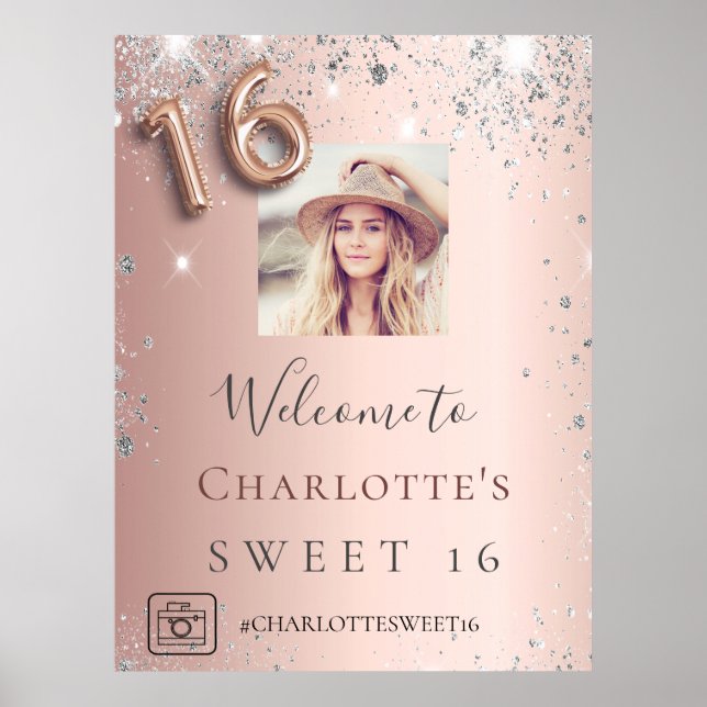 Söt 16 rose gold foto silver glitter välkomstskylt poster (Framsidan)