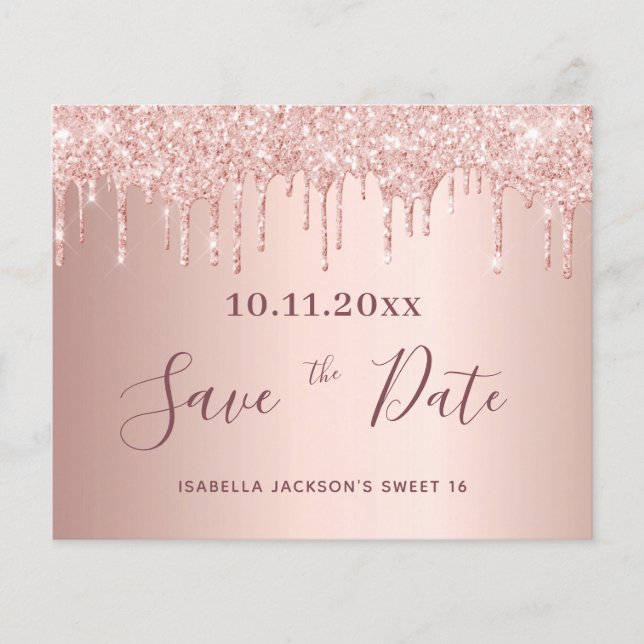 Söt 16 rose gold glitter budget Save the Date Flygblad (Framsidan)