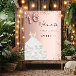 Söt 16 rose gold klänning vit välkomstskylt poster