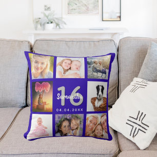 Söt 16 royal blå fotokollage namn kudde