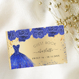 Söt 16 royal blå guld-klänningsblommor glitter gästböcker