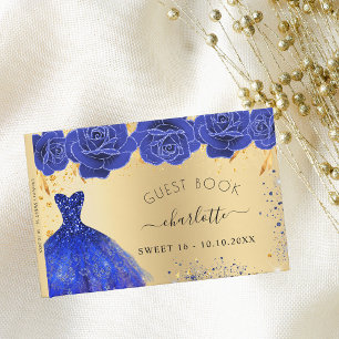 Söt 16 royal blå guld-klänningsblommor glitter gästböcker