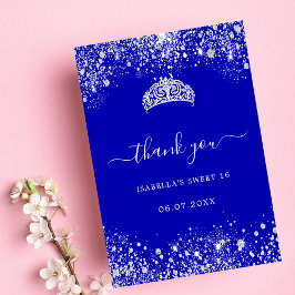 Söt 16 royal blå silver glitter tiara tack kort