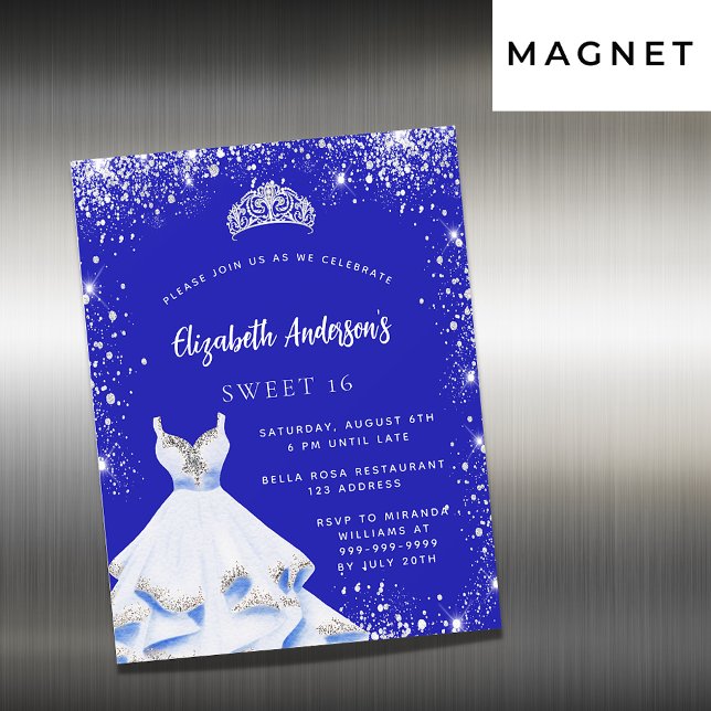 Söt 16 royal blå silver klänning tiara lyxur magnetisk inbjudningskort (Skapare uppladdad)