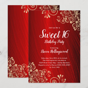 Söt 16 Ruby Red Guld Swirls Party-inbjudan Inbjudningar