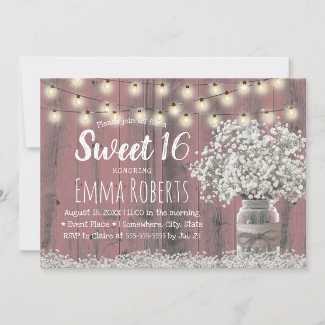 Söt 16 Rustic Babys Utandning Blommigt Burk Rosa W Inbjudningar (Framsida)