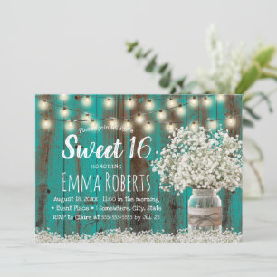 Söt 16 Rustic Babys Utandning Blommigt Burk Teal B Inbjudningar