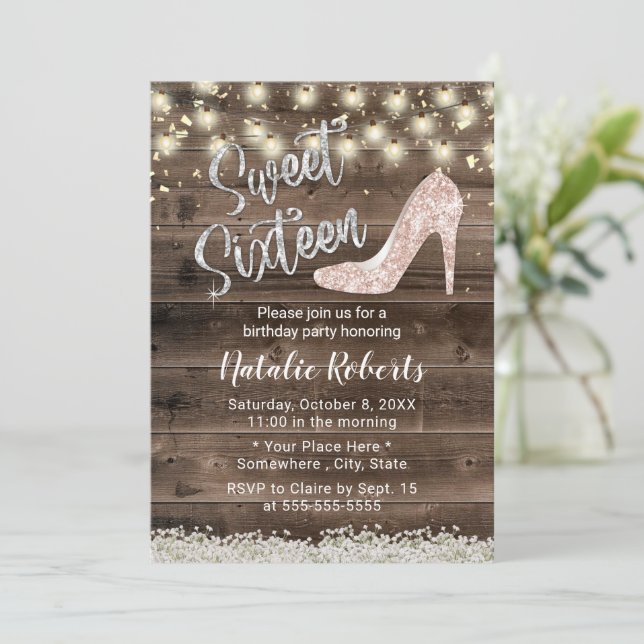 Söt 16 Rustic Blommigt Barn Wood Modern Birthday Inbjudningar (Stående Fram)