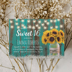 Söt 16 Rustic Solros Burk Teal Barn Wood Inbjudningar