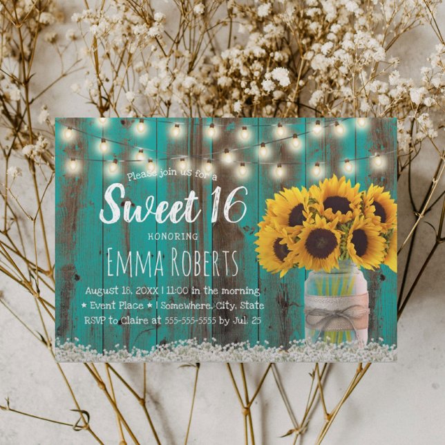 Söt 16 Rustic Solros Burk Teal Barn Wood Inbjudningar (Skapare uppladdad)