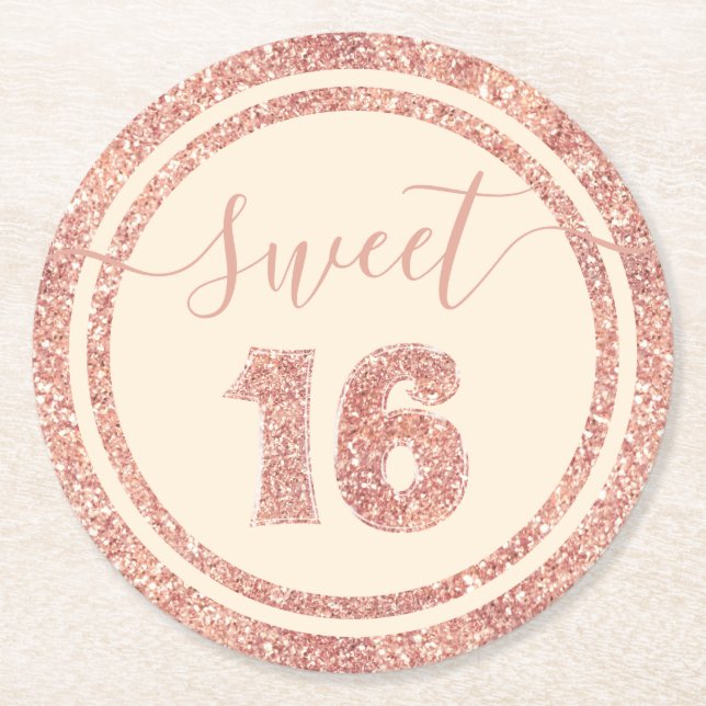 Söt 16 Salmon Faux Glitter Rand Födelsedagsfest Underlägg Papper Rund (Framsidan)