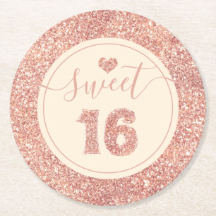 Söt 16 Salmon Rosa Faux Glitter Födelsedagsfest Underlägg Papper Rund
