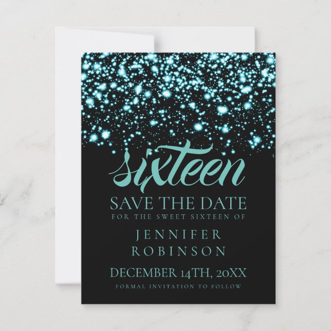 Söt 16 "Save the Date" Teal Midnight Glam Spara Datumet (Framsida)