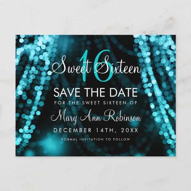 Söt 16 "Save the Date" Turcos String Ljus Meddelande Vykort (Framsida)