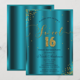 SÖT 16 Sexton Aqua Blå & Guld Konfetti Hörnor Inbjudningar