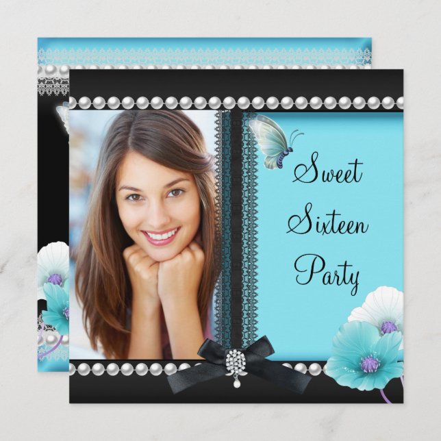 Söt 16 Sexton blå svart bläckfjäril Inbjudningar (Fram/baksida)